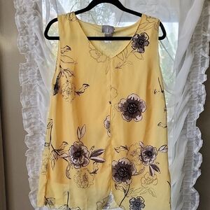 FAIR LADY Sunny Yellow Floral Tank Top with Ruched Neckline